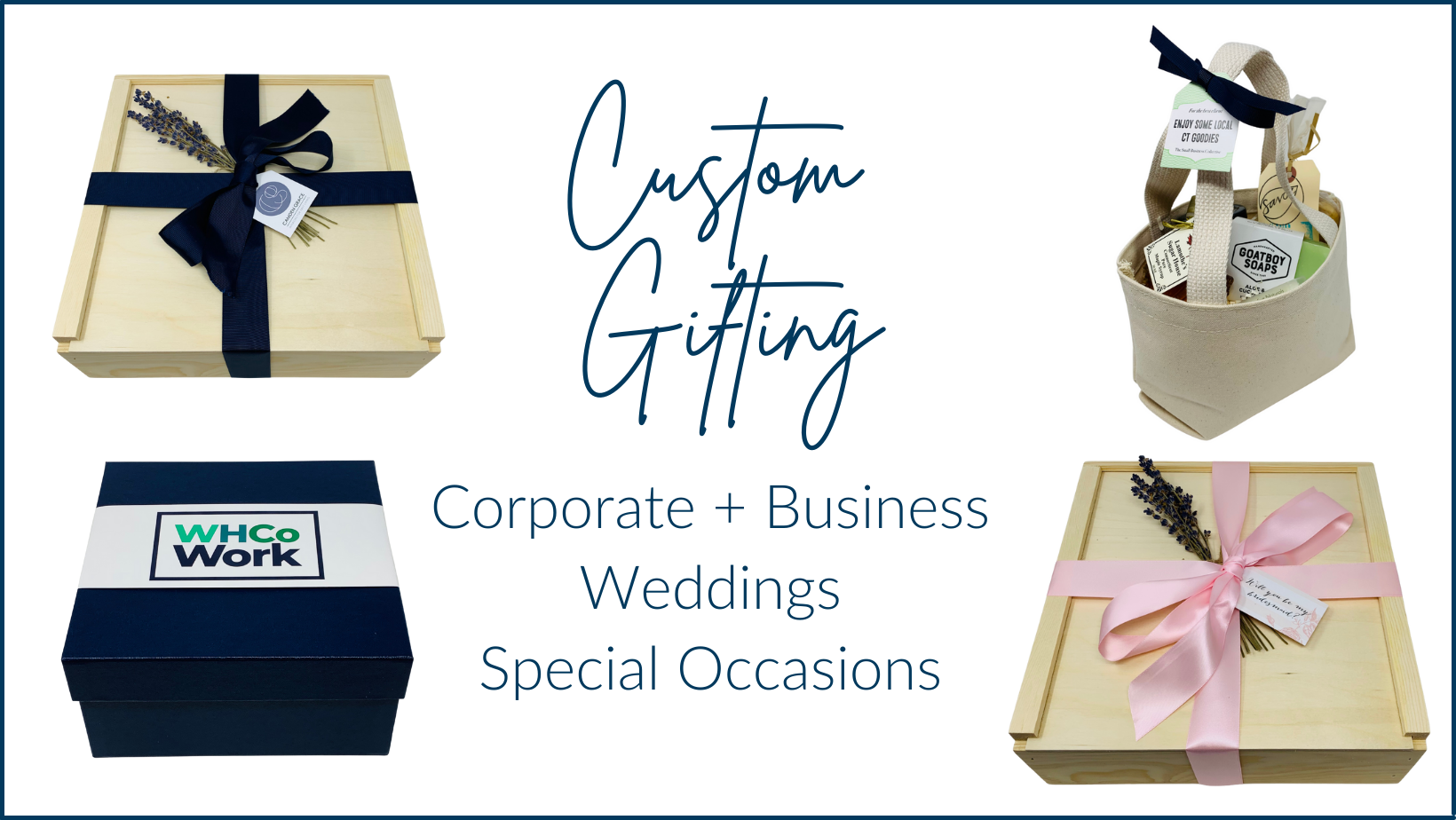 Corporate gift baskets, business gifts, virtual event gifts, wedding gifts, bridesmaid gifts, wedding guest gifts, special event gifts.